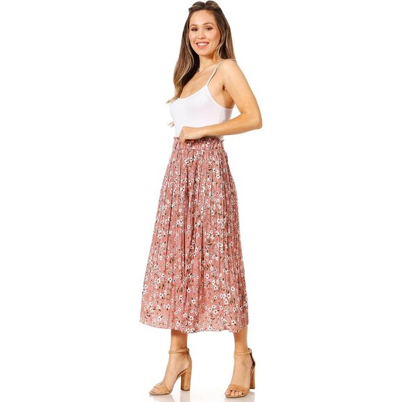 Elegant Pink Floral Pleated Midi Skirt - High-Waisted with Convenient Pockets - Picture 2 of 6